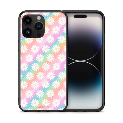 Θήκη iPhone 14 Pro Max White Daisies από τη Smartfits με σχέδιο στο πίσω μέρος και μαύρο περίβλημα | iPhone 14 Pro Max White Daisies case with colorful back and black bezels