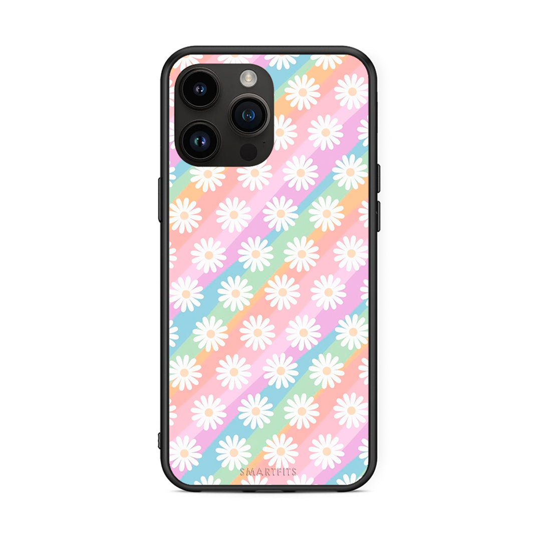 iPhone 14 Pro Max White Daisies θήκη από τη Smartfits με σχέδιο στο πίσω μέρος και μαύρο περίβλημα | Smartphone case with colorful back and black bezels by Smartfits
