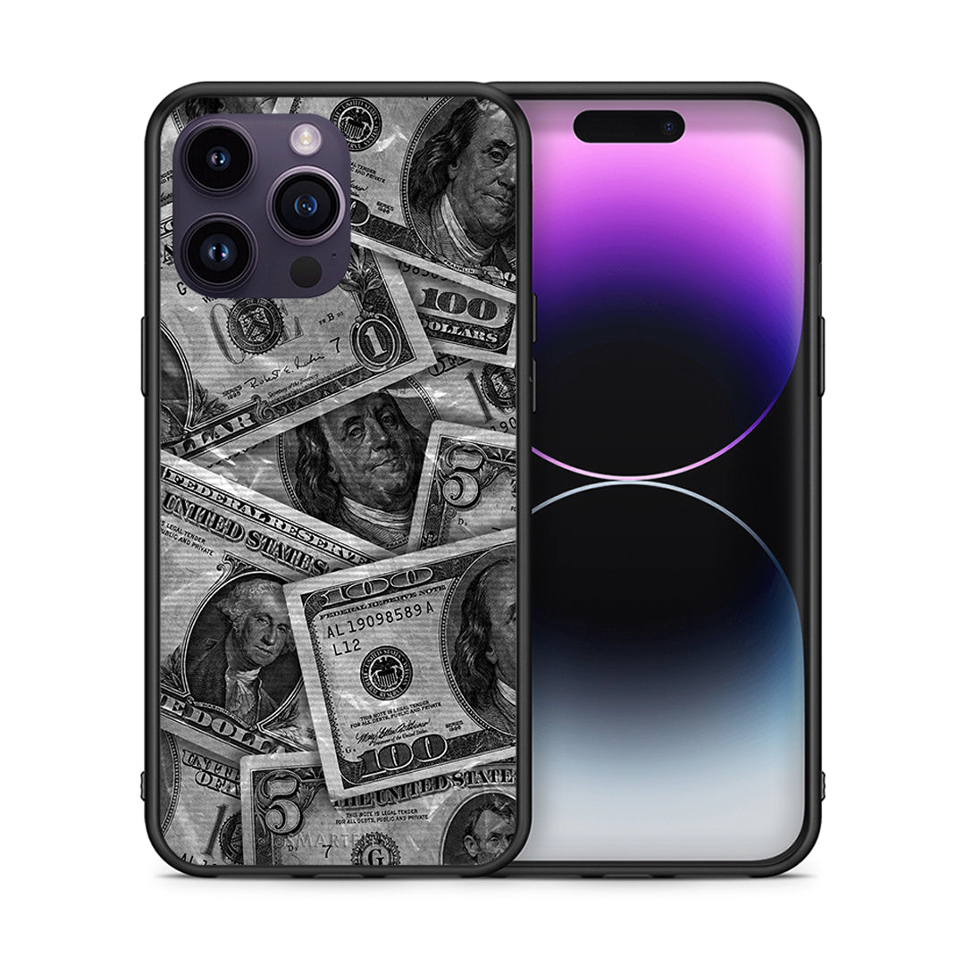Θήκη iPhone 15 Pro Money Dollars από τη Smartfits με σχέδιο στο πίσω μέρος και μαύρο περίβλημα | iPhone 15 Pro Money Dollars case with colorful back and black bezels