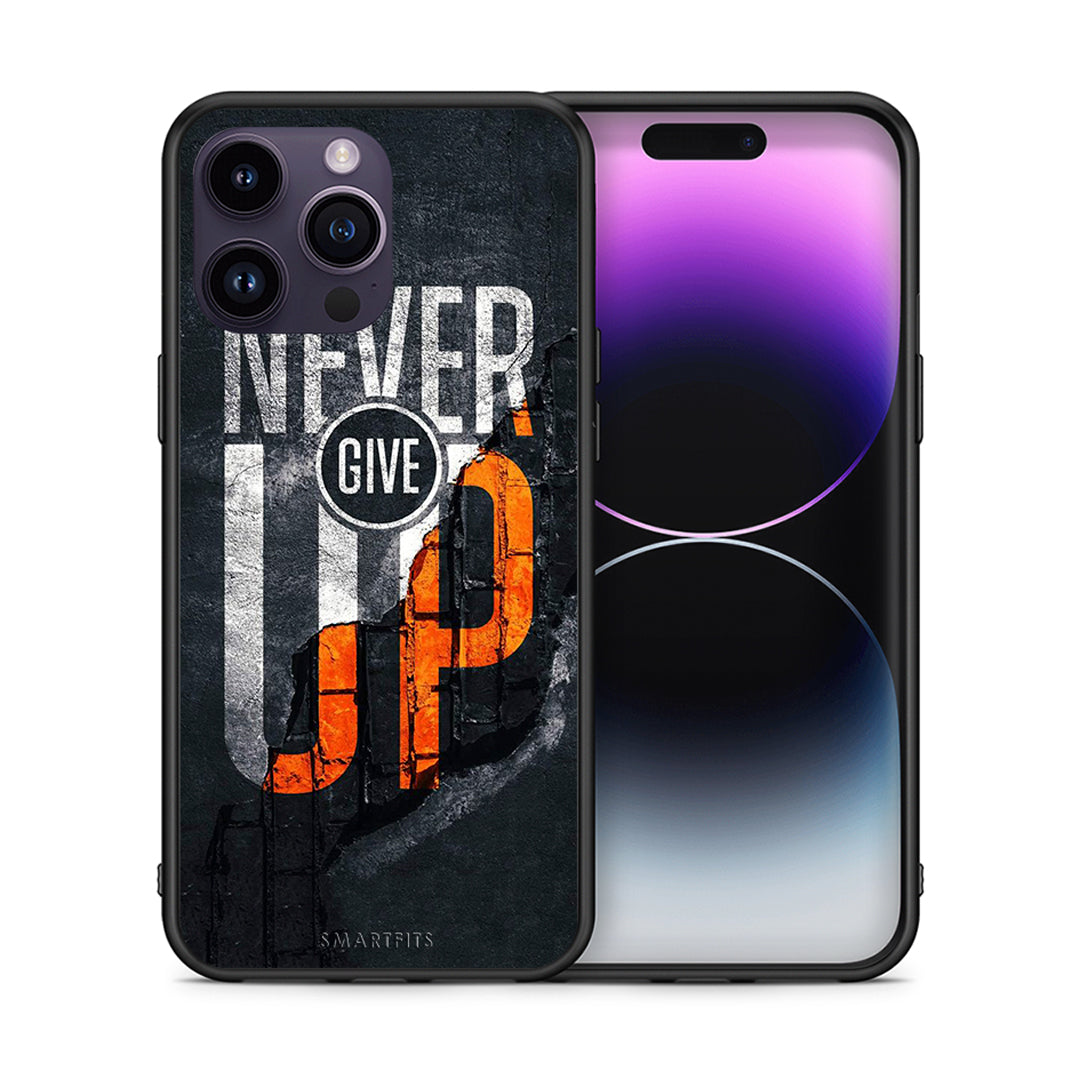 Θήκη Αγίου Βαλεντίνου iPhone 14 Pro Never Give Up από τη Smartfits με σχέδιο στο πίσω μέρος και μαύρο περίβλημα | iPhone 14 Pro Never Give Up case with colorful back and black bezels