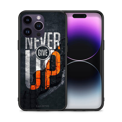 Θήκη Αγίου Βαλεντίνου iPhone 14 Pro Never Give Up από τη Smartfits με σχέδιο στο πίσω μέρος και μαύρο περίβλημα | iPhone 14 Pro Never Give Up case with colorful back and black bezels