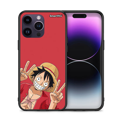 Θήκη iPhone 15 Pro Pirate Luffy από τη Smartfits με σχέδιο στο πίσω μέρος και μαύρο περίβλημα | iPhone 15 Pro Pirate Luffy case with colorful back and black bezels