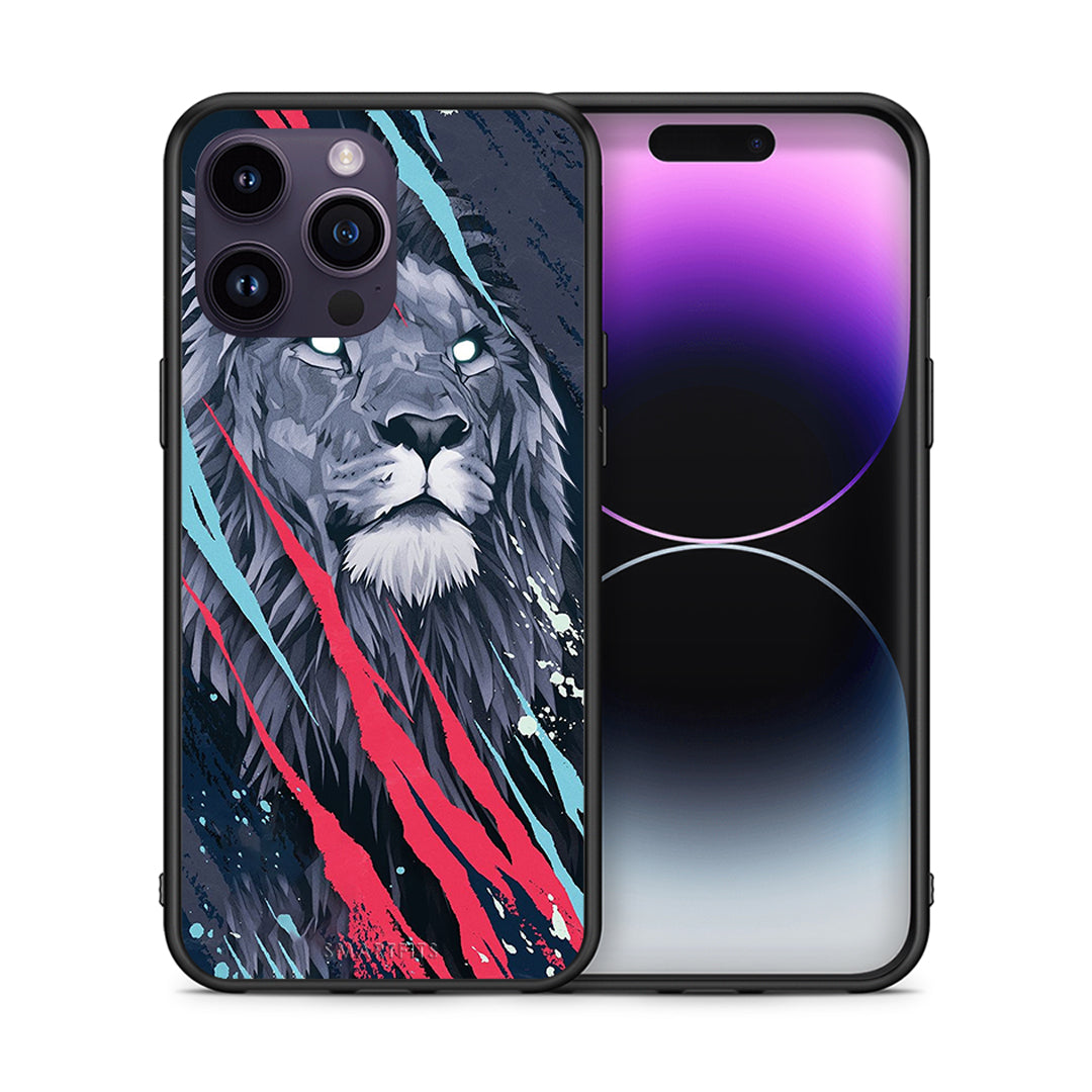 Θήκη iPhone 14 Pro Lion Designer PopArt από τη Smartfits με σχέδιο στο πίσω μέρος και μαύρο περίβλημα | iPhone 14 Pro Lion Designer PopArt case with colorful back and black bezels