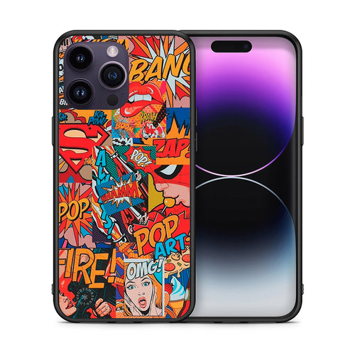 Θήκη iPhone 14 Pro PopArt OMG από τη Smartfits με σχέδιο στο πίσω μέρος και μαύρο περίβλημα | iPhone 14 Pro PopArt OMG case with colorful back and black bezels