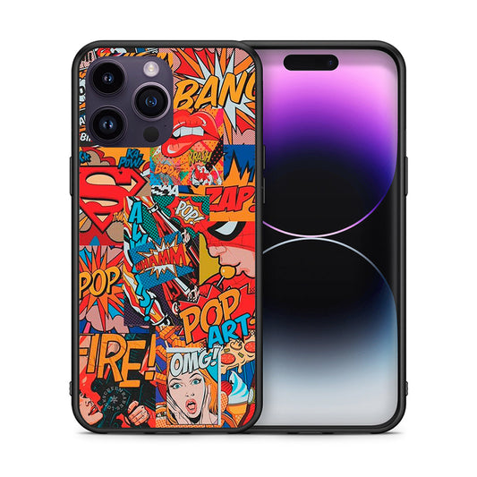 Θήκη iPhone 14 Pro PopArt OMG από τη Smartfits με σχέδιο στο πίσω μέρος και μαύρο περίβλημα | iPhone 14 Pro PopArt OMG case with colorful back and black bezels