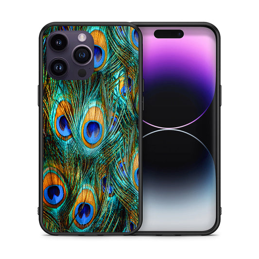 Θήκη iPhone 14 Pro Real Peacock Feathers από τη Smartfits με σχέδιο στο πίσω μέρος και μαύρο περίβλημα | iPhone 14 Pro Real Peacock Feathers case with colorful back and black bezels