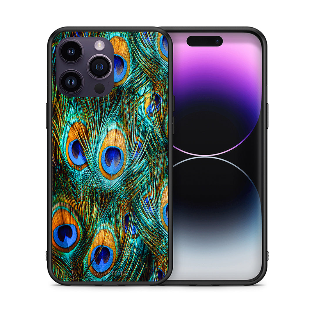 Θήκη iPhone 15 Pro Real Peacock Feathers από τη Smartfits με σχέδιο στο πίσω μέρος και μαύρο περίβλημα | iPhone 15 Pro Real Peacock Feathers case with colorful back and black bezels