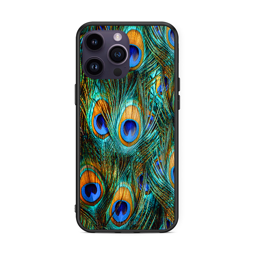 iPhone 15 Pro Real Peacock Feathers θήκη από τη Smartfits με σχέδιο στο πίσω μέρος και μαύρο περίβλημα | Smartphone case with colorful back and black bezels by Smartfits