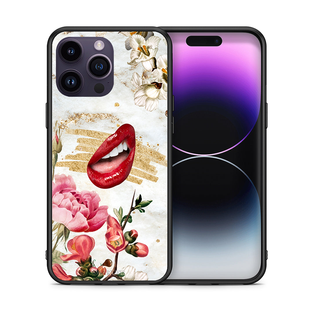 Θήκη iPhone 15 Pro Red Lips από τη Smartfits με σχέδιο στο πίσω μέρος και μαύρο περίβλημα | iPhone 15 Pro Red Lips case with colorful back and black bezels