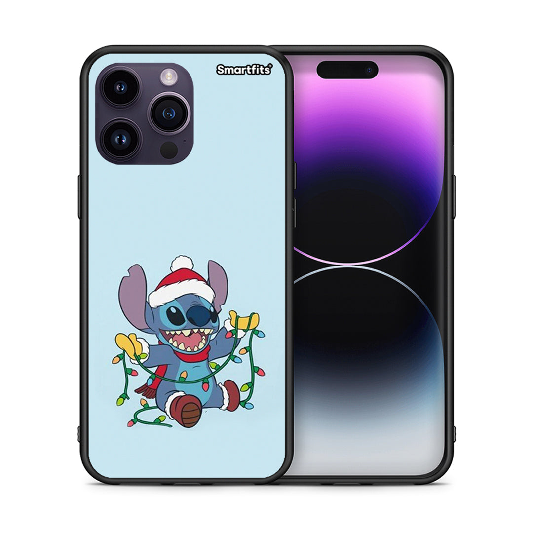 Θήκη iPhone 14 Pro Santa Stich από τη Smartfits με σχέδιο στο πίσω μέρος και μαύρο περίβλημα | iPhone 14 Pro Santa Stich case with colorful back and black bezels