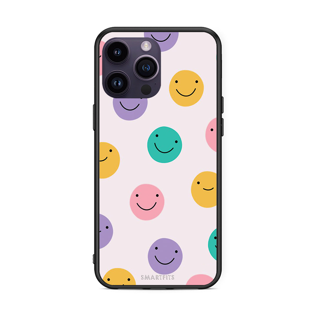 iPhone 15 Pro Smiley Faces θήκη από τη Smartfits με σχέδιο στο πίσω μέρος και μαύρο περίβλημα | Smartphone case with colorful back and black bezels by Smartfits