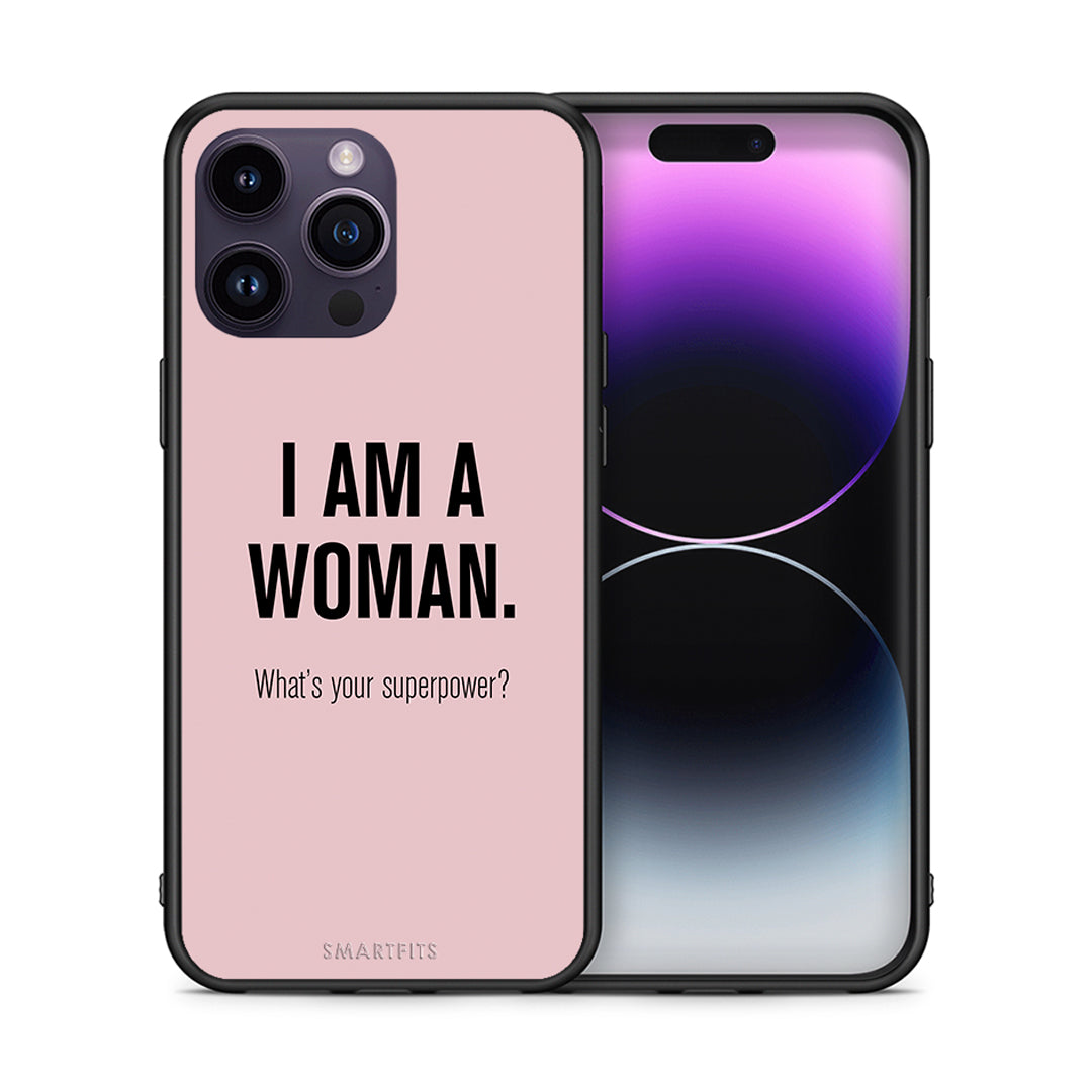 Θήκη iPhone 15 Pro Superpower Woman από τη Smartfits με σχέδιο στο πίσω μέρος και μαύρο περίβλημα | iPhone 15 Pro Superpower Woman case with colorful back and black bezels