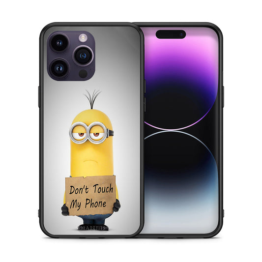 Θήκη iPhone 15 Pro Minion Text από τη Smartfits με σχέδιο στο πίσω μέρος και μαύρο περίβλημα | iPhone 15 Pro Minion Text case with colorful back and black bezels