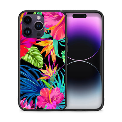 Θήκη iPhone 14 Pro Tropical Flowers από τη Smartfits με σχέδιο στο πίσω μέρος και μαύρο περίβλημα | iPhone 14 Pro Tropical Flowers case with colorful back and black bezels