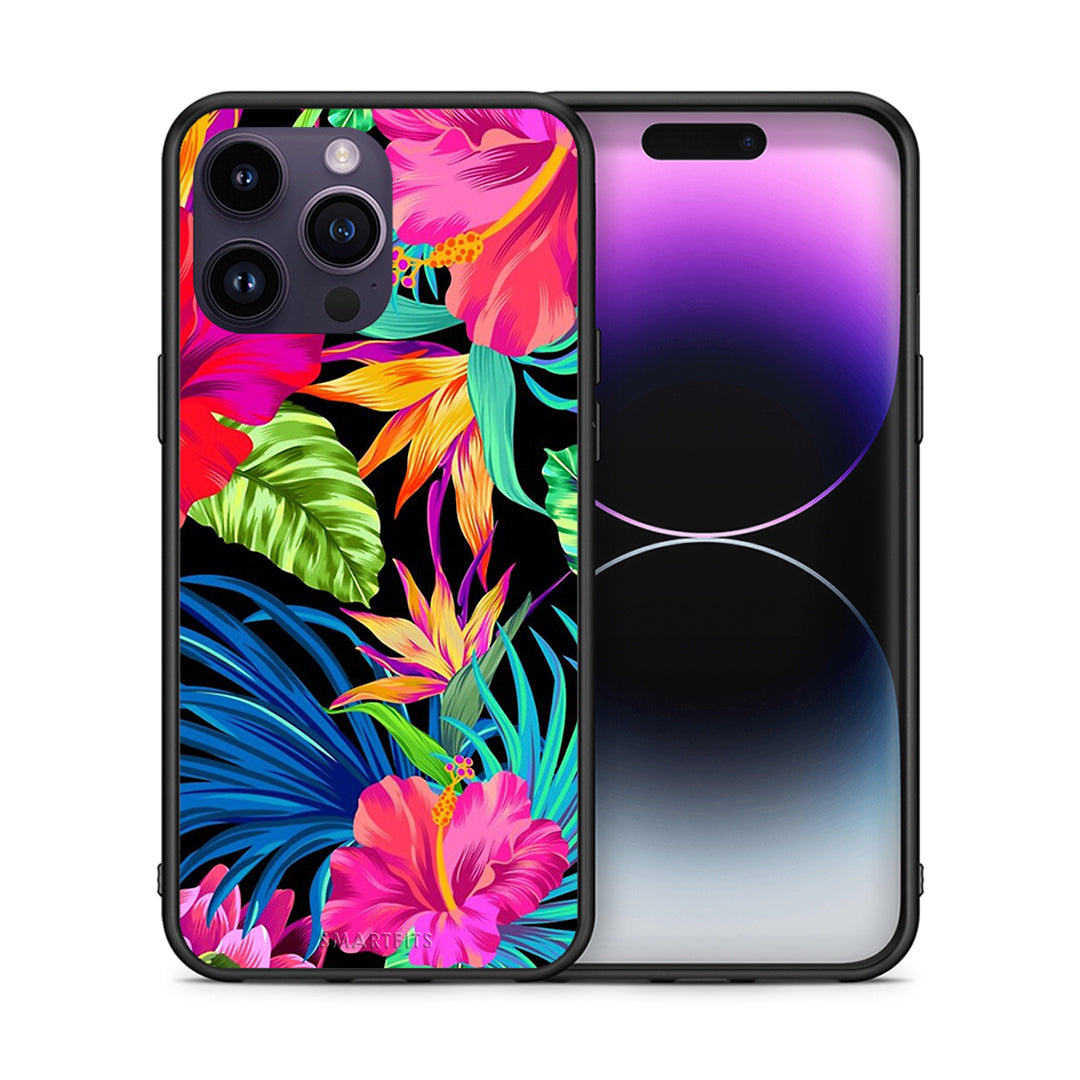 Θήκη iPhone 15 Pro Tropical Flowers από τη Smartfits με σχέδιο στο πίσω μέρος και μαύρο περίβλημα | iPhone 15 Pro Tropical Flowers case with colorful back and black bezels