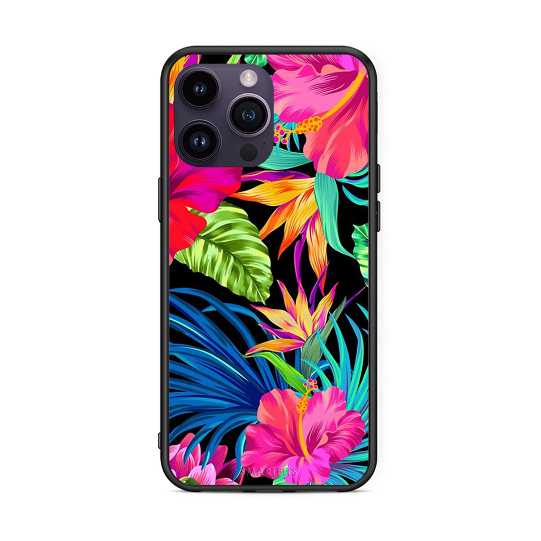 iPhone 14 Pro Tropical Flowers θήκη από τη Smartfits με σχέδιο στο πίσω μέρος και μαύρο περίβλημα | Smartphone case with colorful back and black bezels by Smartfits