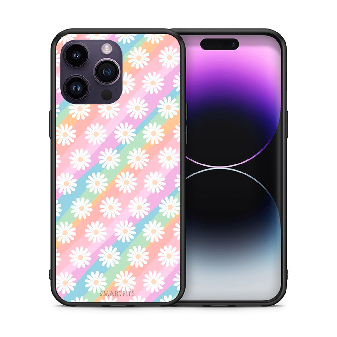 Θήκη iPhone 14 Pro White Daisies από τη Smartfits με σχέδιο στο πίσω μέρος και μαύρο περίβλημα | iPhone 14 Pro White Daisies case with colorful back and black bezels