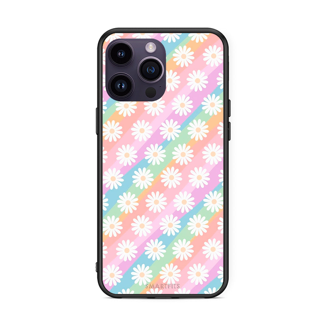 iPhone 15 Pro White Daisies θήκη από τη Smartfits με σχέδιο στο πίσω μέρος και μαύρο περίβλημα | Smartphone case with colorful back and black bezels by Smartfits