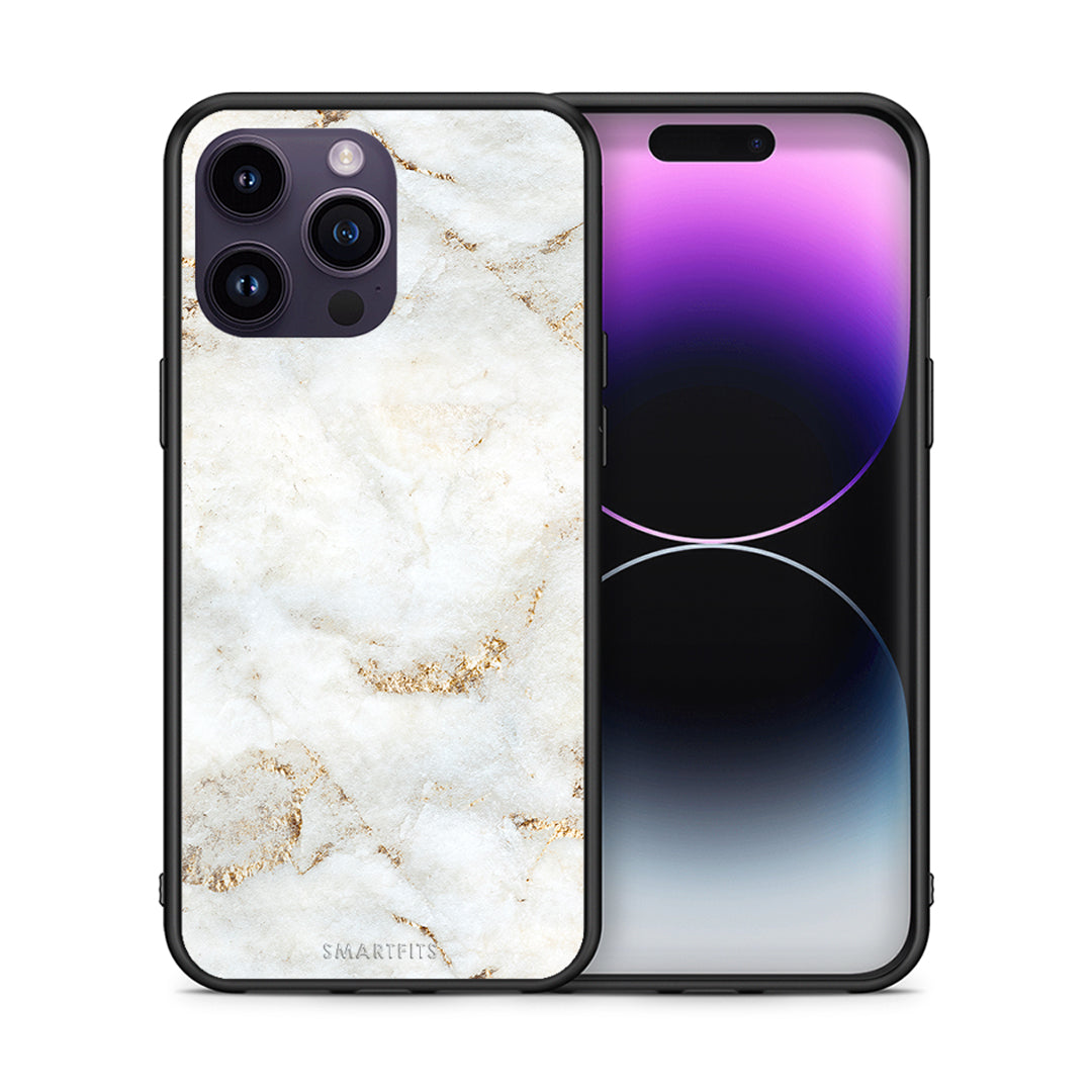 Θήκη iPhone 14 Pro White Gold Marble από τη Smartfits με σχέδιο στο πίσω μέρος και μαύρο περίβλημα | iPhone 14 Pro White Gold Marble case with colorful back and black bezels