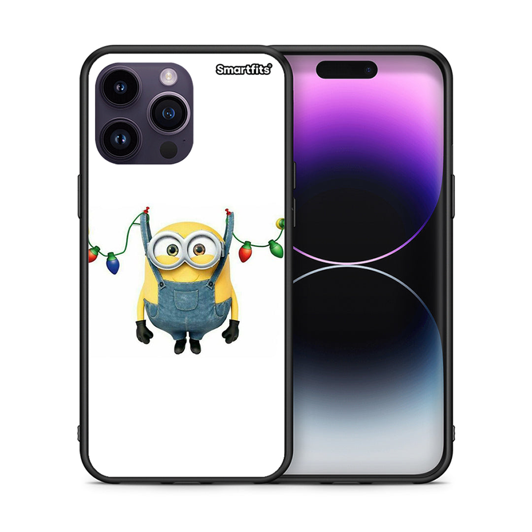 Θήκη iPhone 14 Pro Xmas Minion Lights από τη Smartfits με σχέδιο στο πίσω μέρος και μαύρο περίβλημα | iPhone 14 Pro Xmas Minion Lights case with colorful back and black bezels