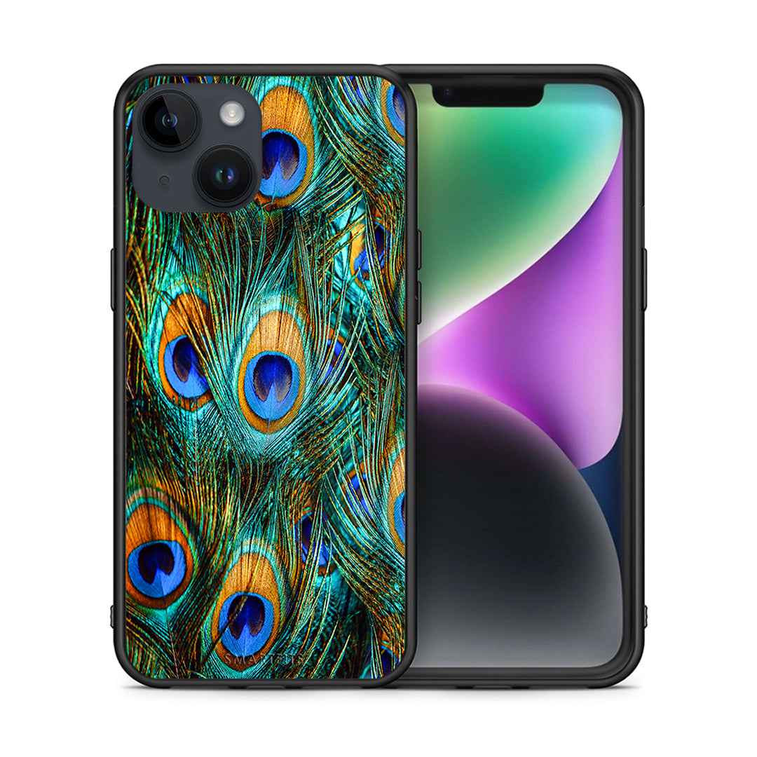 Θήκη iPhone 14 Real Peacock Feathers από τη Smartfits με σχέδιο στο πίσω μέρος και μαύρο περίβλημα | iPhone 14 Real Peacock Feathers case with colorful back and black bezels