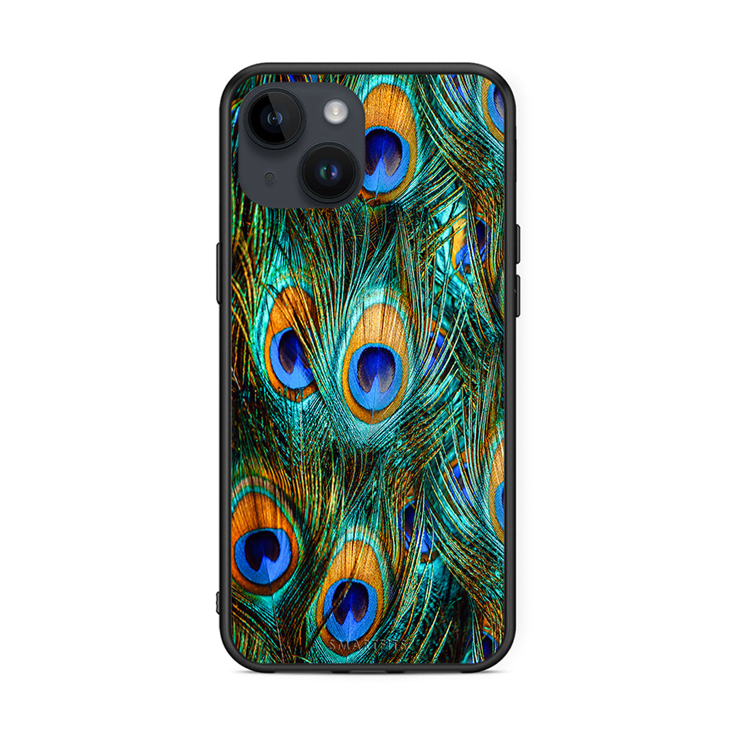 iPhone 14 Real Peacock Feathers θήκη από τη Smartfits με σχέδιο στο πίσω μέρος και μαύρο περίβλημα | Smartphone case with colorful back and black bezels by Smartfits