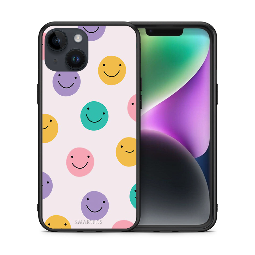 Θήκη iPhone 15 Smiley Faces από τη Smartfits με σχέδιο στο πίσω μέρος και μαύρο περίβλημα | iPhone 15 Smiley Faces case with colorful back and black bezels