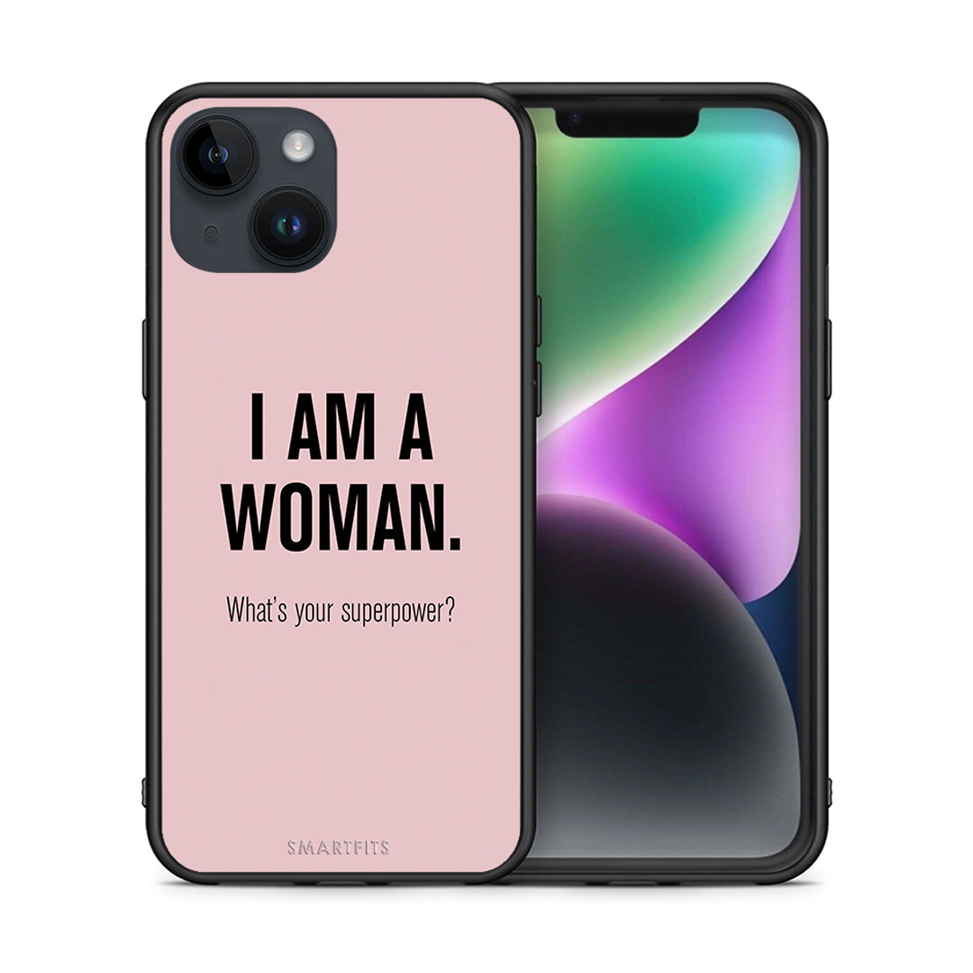 Θήκη iPhone 15 Superpower Woman από τη Smartfits με σχέδιο στο πίσω μέρος και μαύρο περίβλημα | iPhone 15 Superpower Woman case with colorful back and black bezels