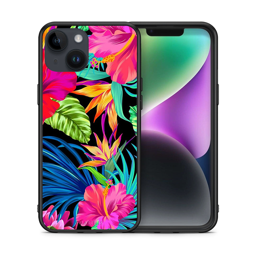 Θήκη iPhone 14 Tropical Flowers από τη Smartfits με σχέδιο στο πίσω μέρος και μαύρο περίβλημα | iPhone 14 Tropical Flowers case with colorful back and black bezels