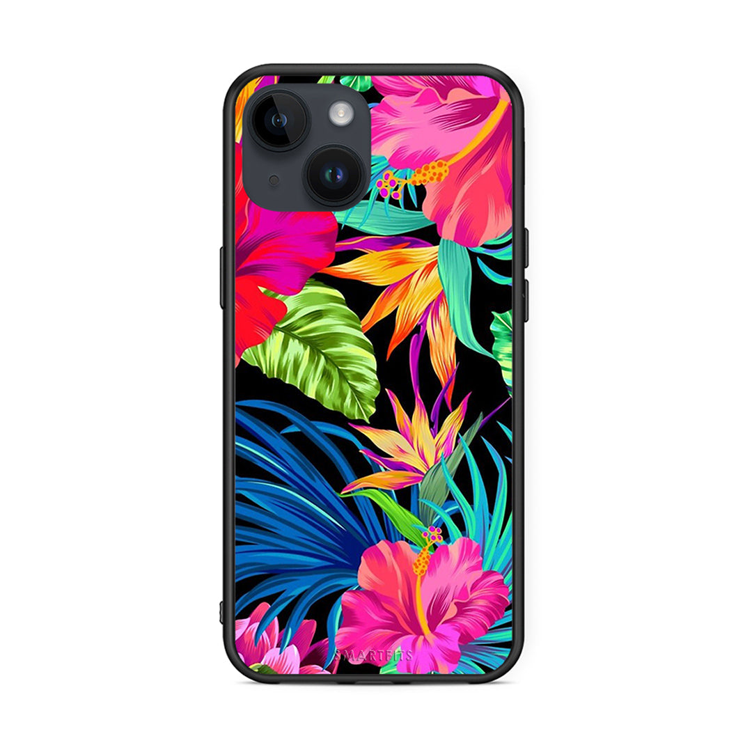 iPhone 15 Tropical Flowers θήκη από τη Smartfits με σχέδιο στο πίσω μέρος και μαύρο περίβλημα | Smartphone case with colorful back and black bezels by Smartfits