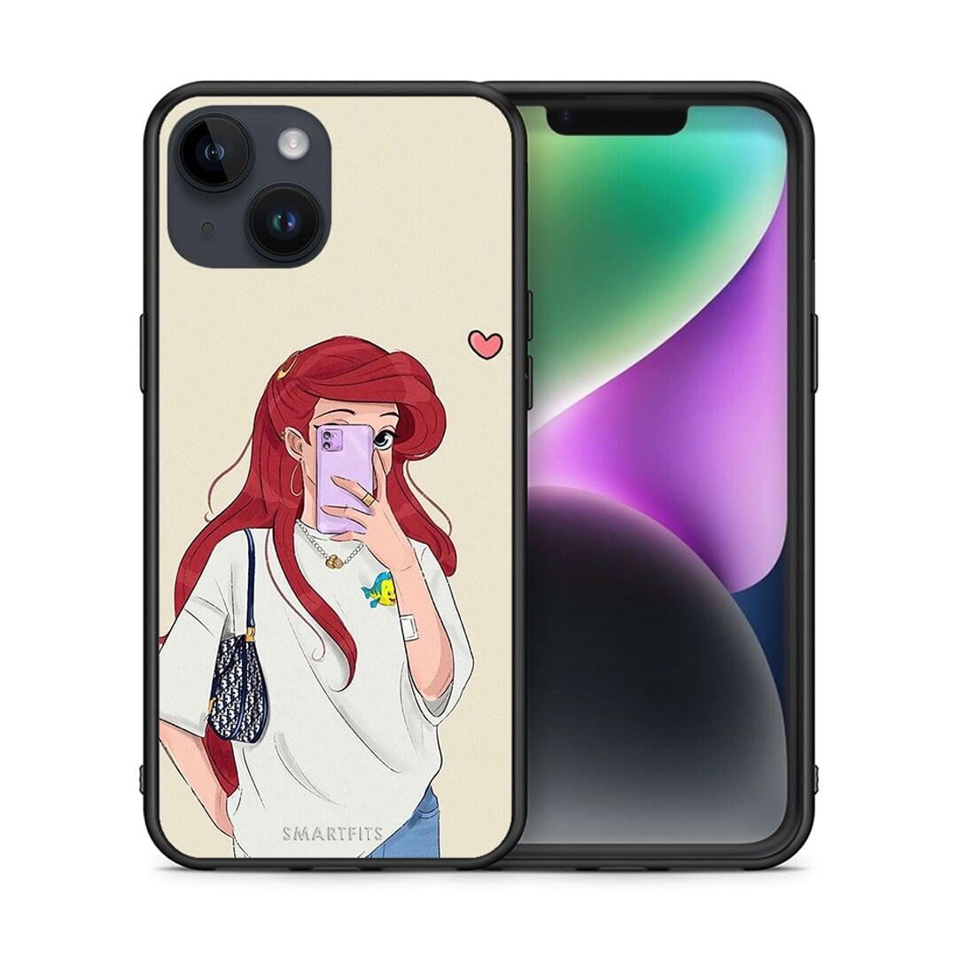 Θήκη iPhone 15 Walking Mermaid από τη Smartfits με σχέδιο στο πίσω μέρος και μαύρο περίβλημα | iPhone 15 Walking Mermaid case with colorful back and black bezels