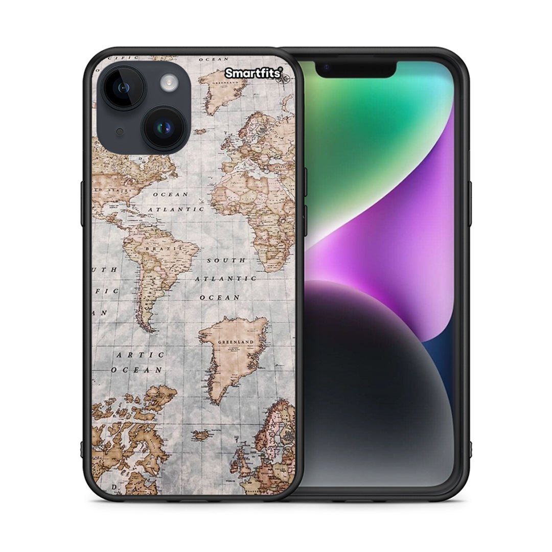 Θήκη iPhone 14 World Map από τη Smartfits με σχέδιο στο πίσω μέρος και μαύρο περίβλημα | iPhone 14 World Map case with colorful back and black bezels