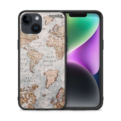 Θήκη iPhone 15 World Map από τη Smartfits με σχέδιο στο πίσω μέρος και μαύρο περίβλημα | iPhone 15 World Map case with colorful back and black bezels