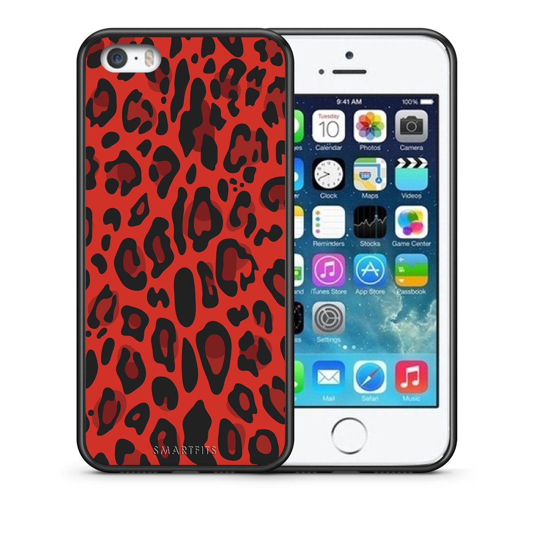 Θήκη iPhone 5/5s/SE Red Leopard Animal από τη Smartfits με σχέδιο στο πίσω μέρος και μαύρο περίβλημα | iPhone 5/5s/SE Red Leopard Animal case with colorful back and black bezels