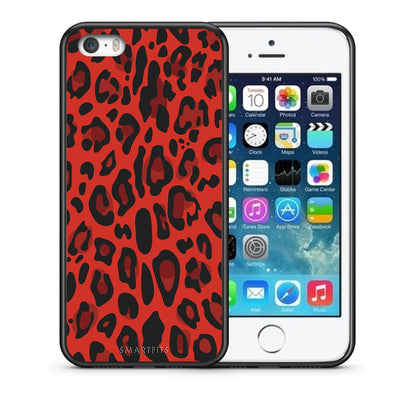 Θήκη iPhone 5/5s/SE Red Leopard Animal από τη Smartfits με σχέδιο στο πίσω μέρος και μαύρο περίβλημα | iPhone 5/5s/SE Red Leopard Animal case with colorful back and black bezels