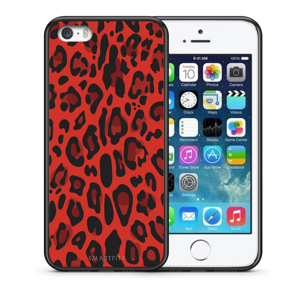 Θήκη iPhone 5/5s/SE Red Leopard Animal από τη Smartfits με σχέδιο στο πίσω μέρος και μαύρο περίβλημα | iPhone 5/5s/SE Red Leopard Animal case with colorful back and black bezels
