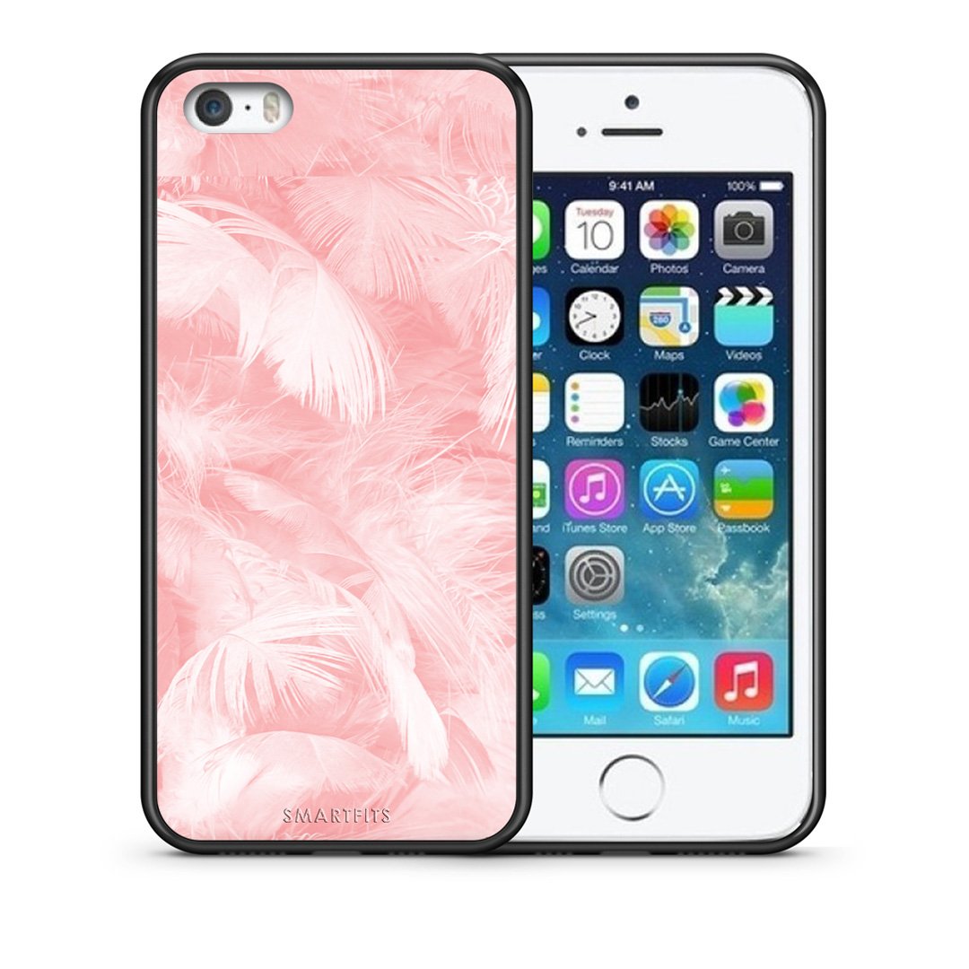 Θήκη iPhone 5/5s/SE Pink Feather Boho από τη Smartfits με σχέδιο στο πίσω μέρος και μαύρο περίβλημα | iPhone 5/5s/SE Pink Feather Boho case with colorful back and black bezels