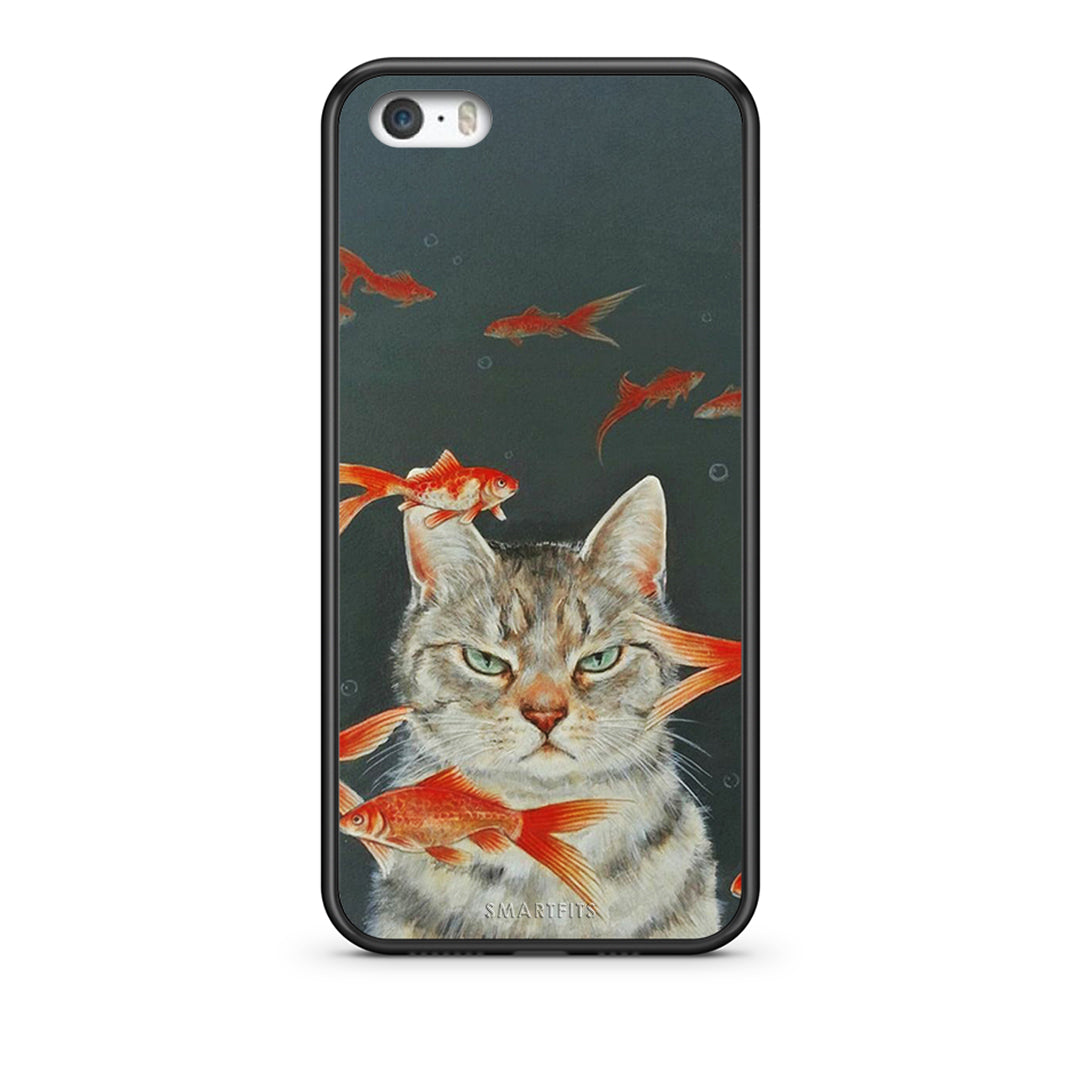 iPhone 5/5s/SE Cat Goldfish θήκη από τη Smartfits με σχέδιο στο πίσω μέρος και μαύρο περίβλημα | Smartphone case with colorful back and black bezels by Smartfits