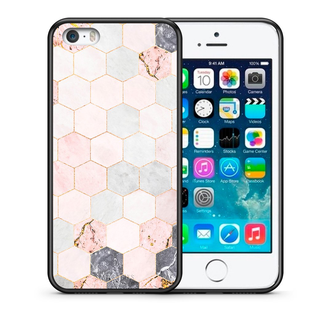 Θήκη iPhone 5/5s/SE Hexagon Pink Marble από τη Smartfits με σχέδιο στο πίσω μέρος και μαύρο περίβλημα | iPhone 5/5s/SE Hexagon Pink Marble case with colorful back and black bezels