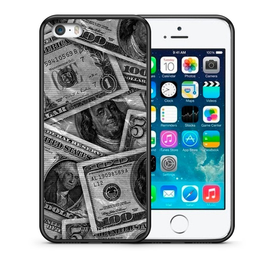 Θήκη iPhone 5/5s/SE Money Dollars από τη Smartfits με σχέδιο στο πίσω μέρος και μαύρο περίβλημα | iPhone 5/5s/SE Money Dollars case with colorful back and black bezels