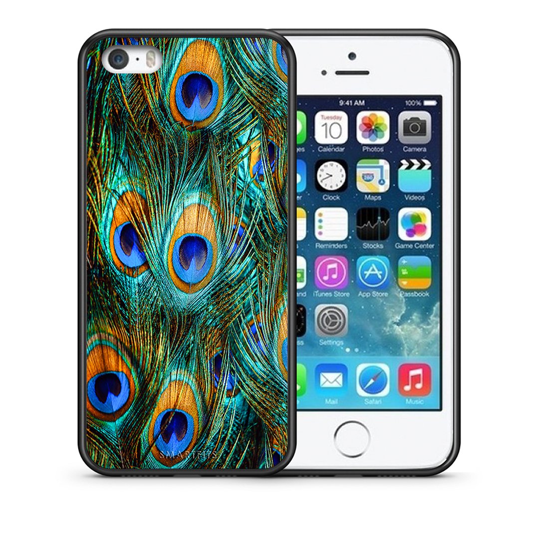 Θήκη iPhone 5/5s/SE Real Peacock Feathers από τη Smartfits με σχέδιο στο πίσω μέρος και μαύρο περίβλημα | iPhone 5/5s/SE Real Peacock Feathers case with colorful back and black bezels
