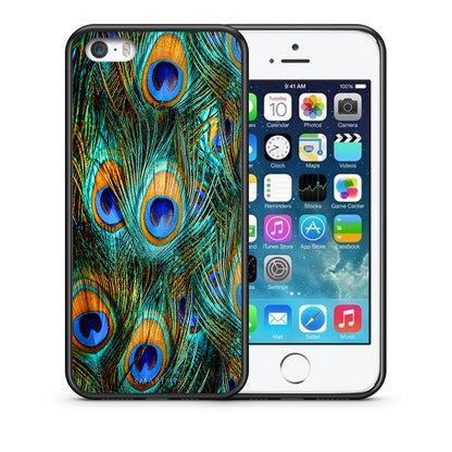 Θήκη iPhone 5/5s/SE Real Peacock Feathers από τη Smartfits με σχέδιο στο πίσω μέρος και μαύρο περίβλημα | iPhone 5/5s/SE Real Peacock Feathers case with colorful back and black bezels