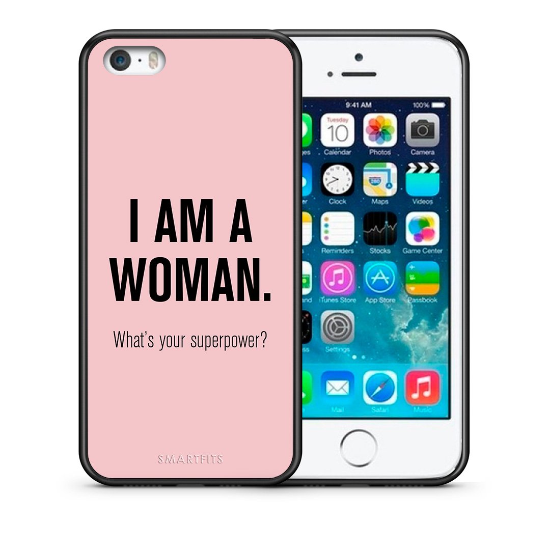 Θήκη iPhone 5/5s/SE Superpower Woman από τη Smartfits με σχέδιο στο πίσω μέρος και μαύρο περίβλημα | iPhone 5/5s/SE Superpower Woman case with colorful back and black bezels