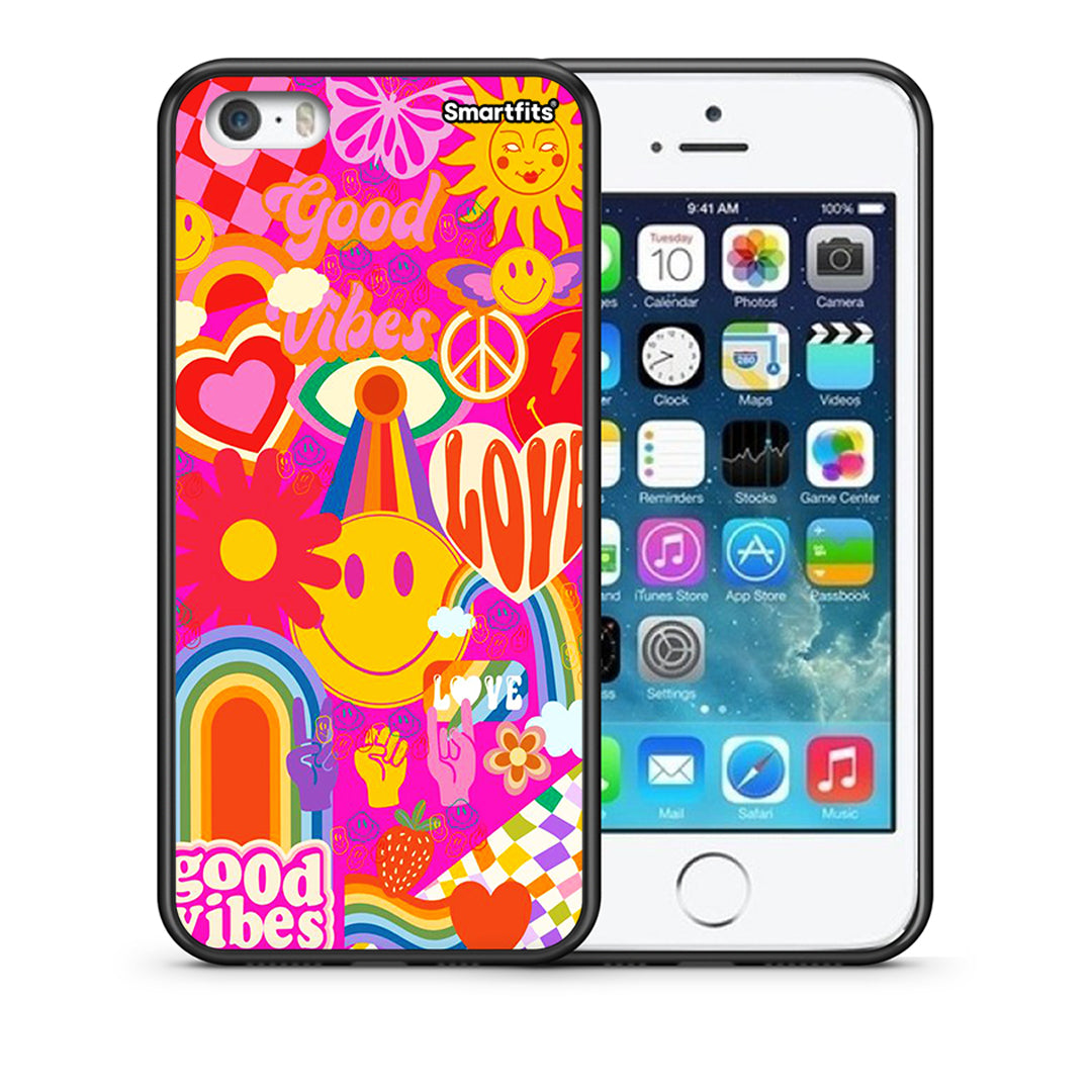 Θήκη iPhone 5/5s/SE Hippie Love από τη Smartfits με σχέδιο στο πίσω μέρος και μαύρο περίβλημα | iPhone 5/5s/SE Hippie Love case with colorful back and black bezels