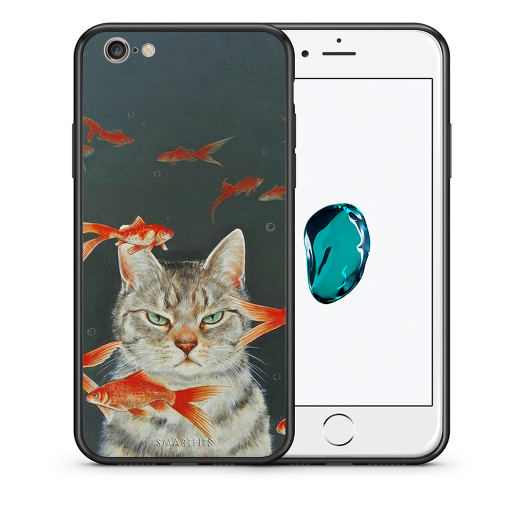 Θήκη iPhone 6 Plus/6s Plus Cat Goldfish από τη Smartfits με σχέδιο στο πίσω μέρος και μαύρο περίβλημα | iPhone 6 Plus/6s Plus Cat Goldfish case with colorful back and black bezels