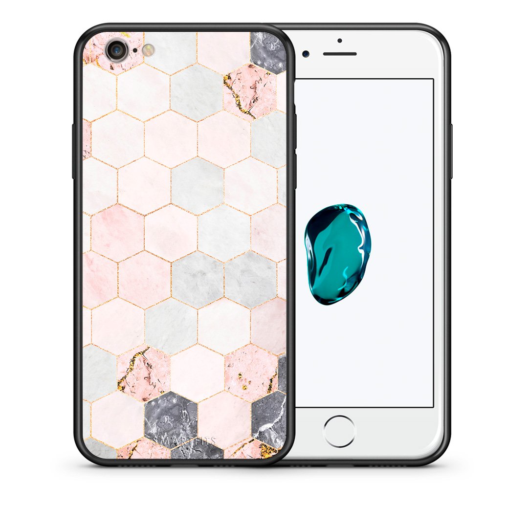 Θήκη iPhone 6/6s Hexagon Pink Marble από τη Smartfits με σχέδιο στο πίσω μέρος και μαύρο περίβλημα | iPhone 6/6s Hexagon Pink Marble case with colorful back and black bezels