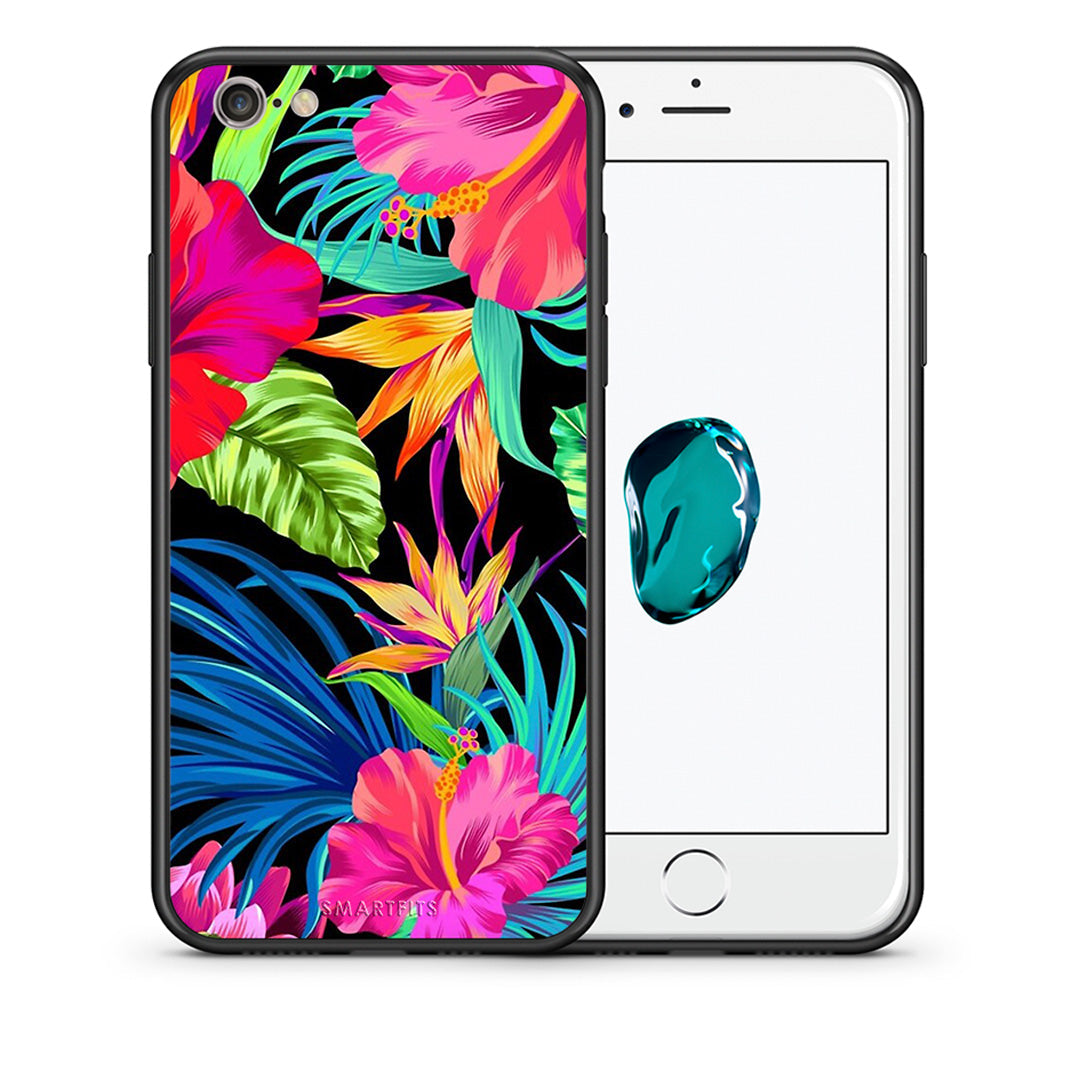 Θήκη iPhone 6/6s Tropical Flowers από τη Smartfits με σχέδιο στο πίσω μέρος και μαύρο περίβλημα | iPhone 6/6s Tropical Flowers case with colorful back and black bezels