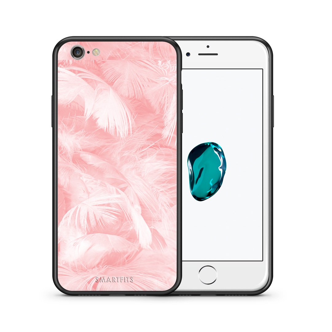 Θήκη iPhone 6 Plus/6s Plus Pink Feather Boho από τη Smartfits με σχέδιο στο πίσω μέρος και μαύρο περίβλημα | iPhone 6 Plus/6s Plus Pink Feather Boho case with colorful back and black bezels