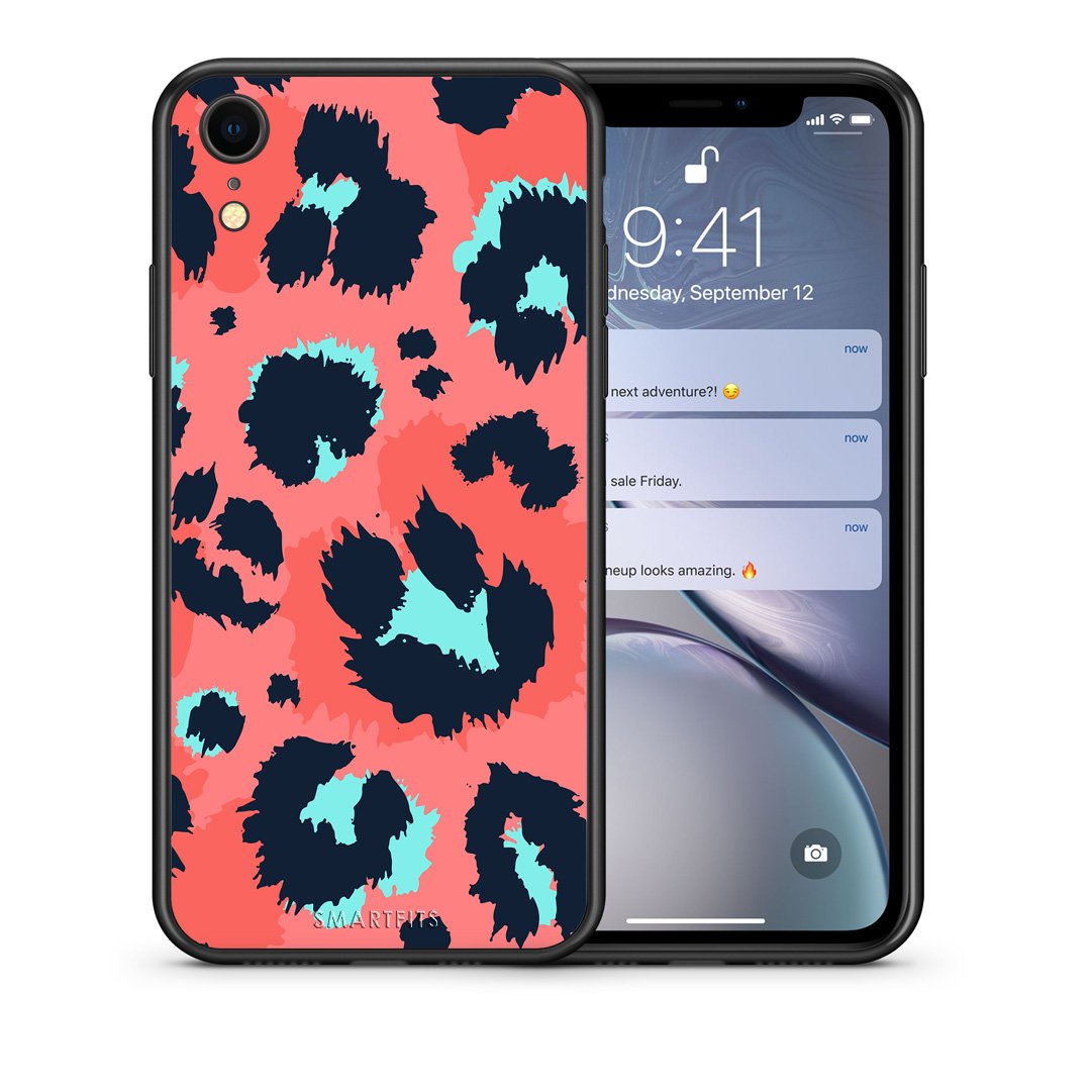 Θήκη iPhone XR Pink Leopard Animal από τη Smartfits με σχέδιο στο πίσω μέρος και μαύρο περίβλημα | iPhone XR Pink Leopard Animal case with colorful back and black bezels