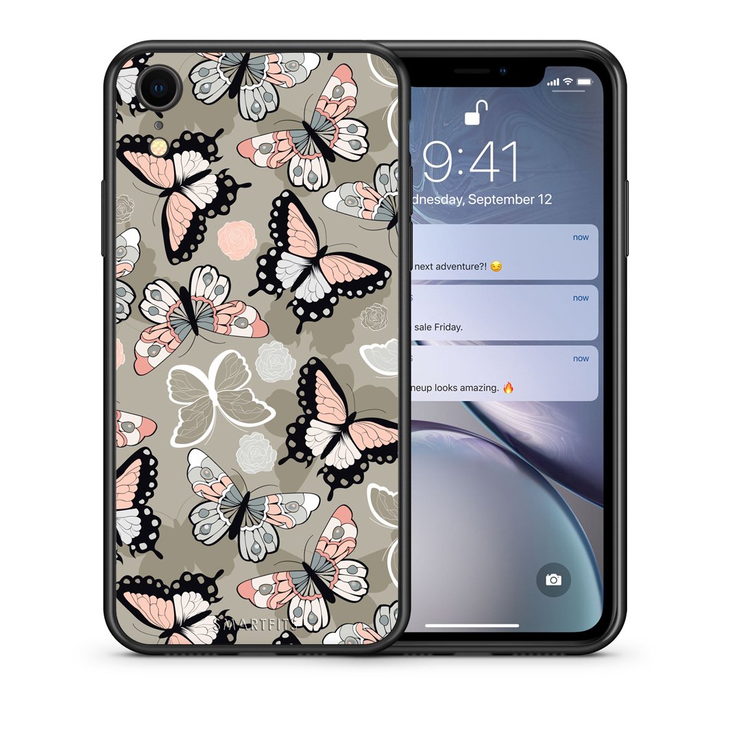 Θήκη iPhone XR Butterflies Boho από τη Smartfits με σχέδιο στο πίσω μέρος και μαύρο περίβλημα | iPhone XR Butterflies Boho case with colorful back and black bezels